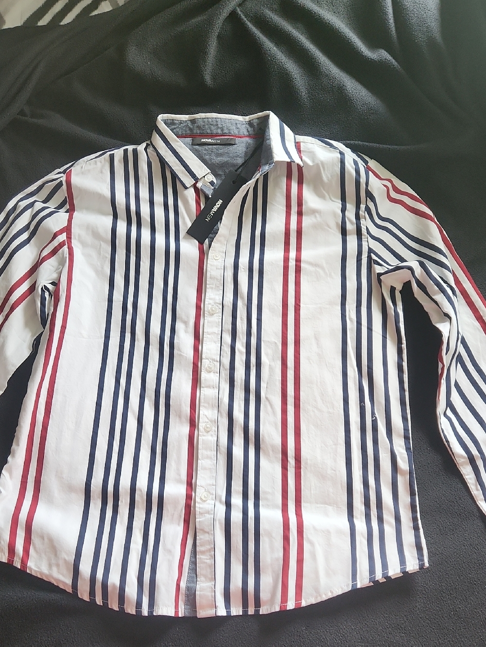 Fashion Nova Men's Striped Button-Down Shirt - White with Navy & Red Stripes